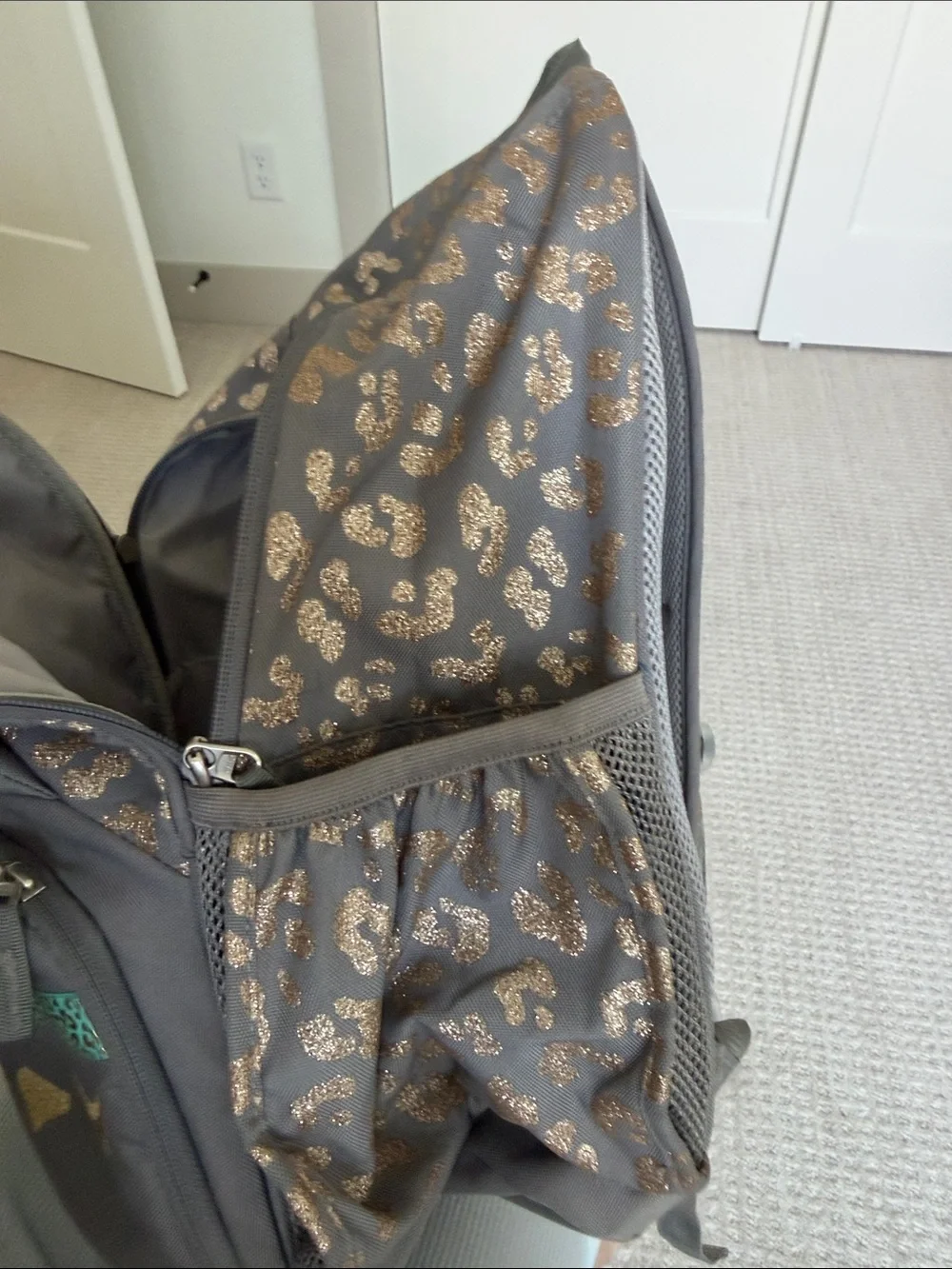 Pottery Barn Kids Gray Girls' Leopard Print Cat Backpack with Gold Accents XL
